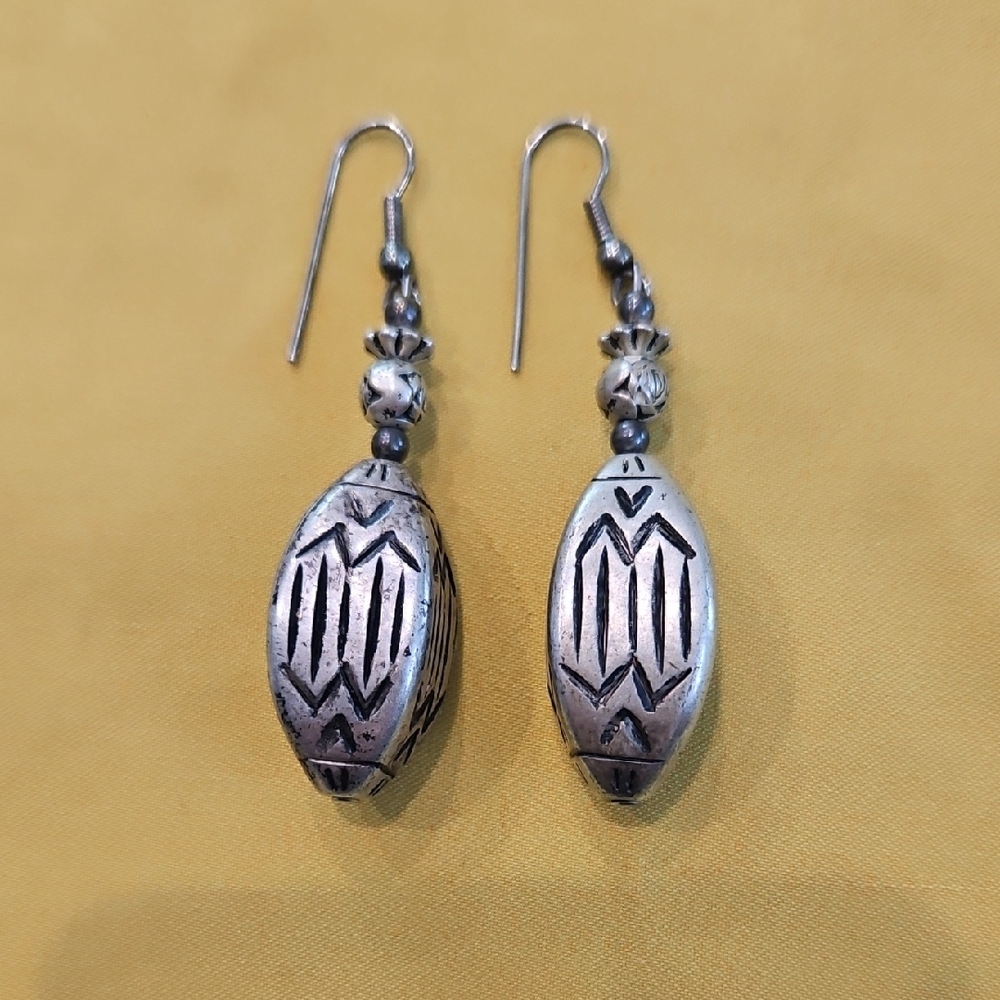 Silver-Tone Carved Oval Bohemian Style Drop Earrings